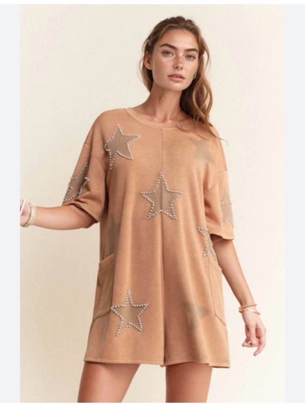 Davi & Dani Camel Casual Romper with Pearl Stars Western Chic Coastal Cowboy